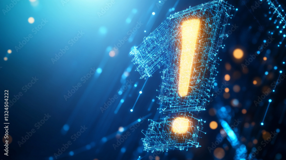 Poster abstract digital exclamation mark. attention icon. futuristic low poly wireframe symbol of alert on 