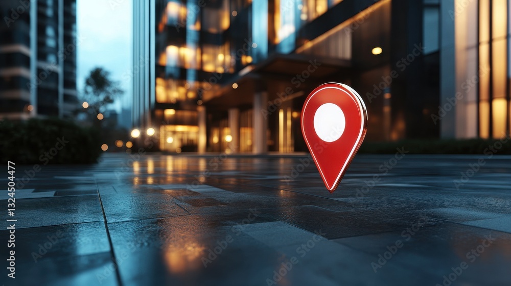 Aufkleber navigation concept with red and white glowing pinpoint on evening street before modern building entr