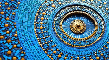 Blue mosaic artwork detailing a circular design, detailed background, for interior decor or artistic inspiration