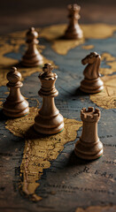 Fototapeta premium Chess pieces strategically placed on a world map symbolize international relations, political power, and global strategy concept in geopolitics.