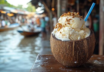 Delicious coconut ice cream served in a rustic coconut shell with toppings at a vibrant floating market by the water in a tropical setting