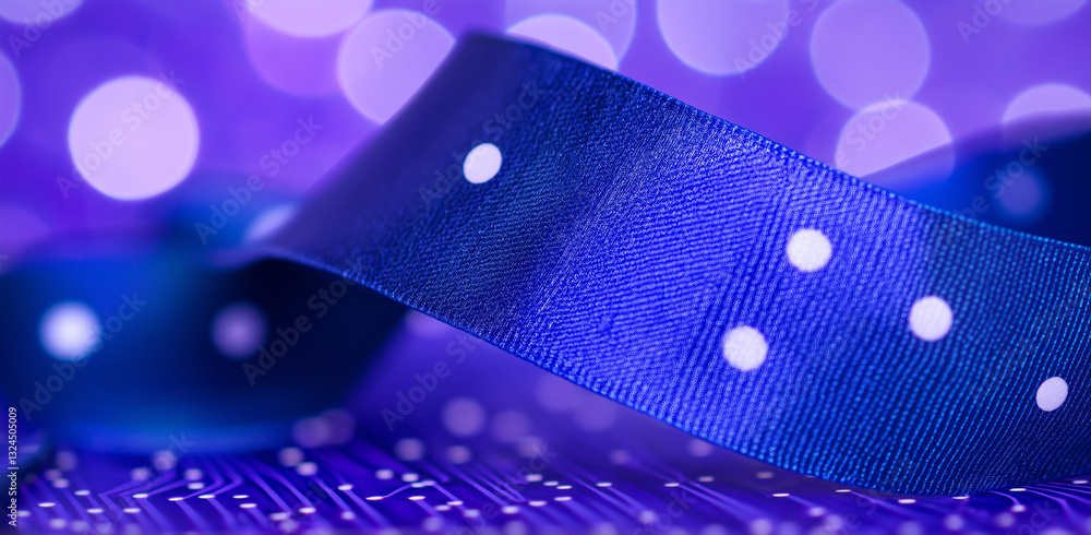 Poster blue ribbon with digital patterns – ai & blockchain in banking and nature, flowing data effect, bina