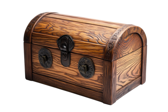 A beautifully crafted wooden treasure chest with metal accents resting on a white surface isolated on transparent background