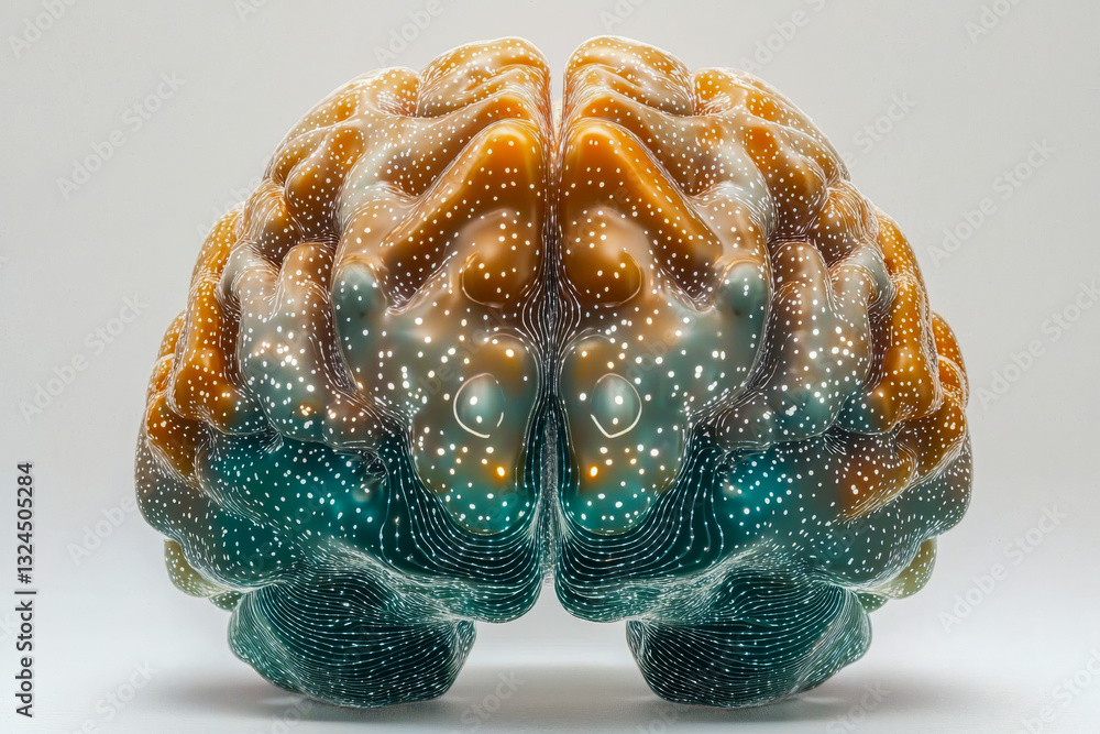 Poster futuristic holographic brain with teal and mustard gradient, glowing neural network patterns, and sc