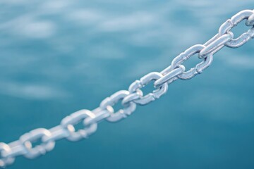 bold close-up of yacht anchor chain displayed with intricate details and surrounded by softly blurred water reflections