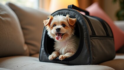 A happy, fluffy dog sits inside a gray pet carrier placed on a couch, with its tongue playfully out. The cozy scene is accentuated by soft cushions and warm, inviting lighting indoors