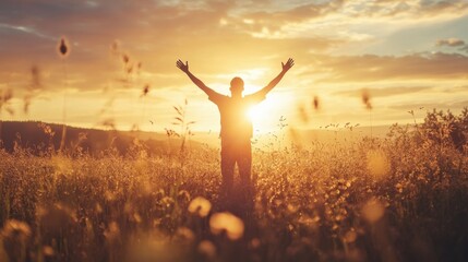 A man is standing in a field with his arms raised in the air, looking up at the sun. The scene is serene and peaceful, with the sun setting in the background