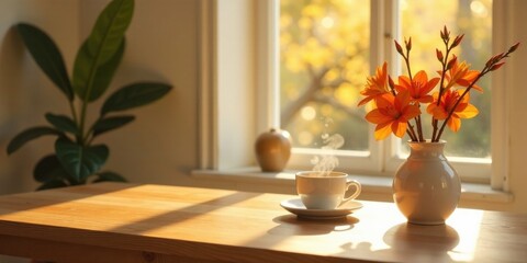 Serene morning sunlight illuminates a wooden table, warming a steaming cup of coffee beside a vase of vibrant orange blossoms, creating a peaceful and inviting atmosphere.