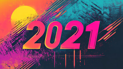 2021 year. Neon 2021 year in digital retro cyber 80th technology style. Light and  shine Vector New Year number in tech industry design. Electronic digit 20 21 on celebration banner future.