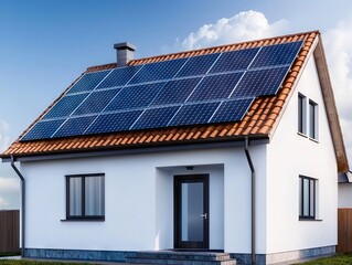 Fototapeta premium Solar panel installation on modern house urban environment real estate photography clear sky sustainable living