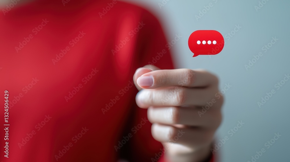 Poster person holding a red speech bubble, visual representation of communication and expression