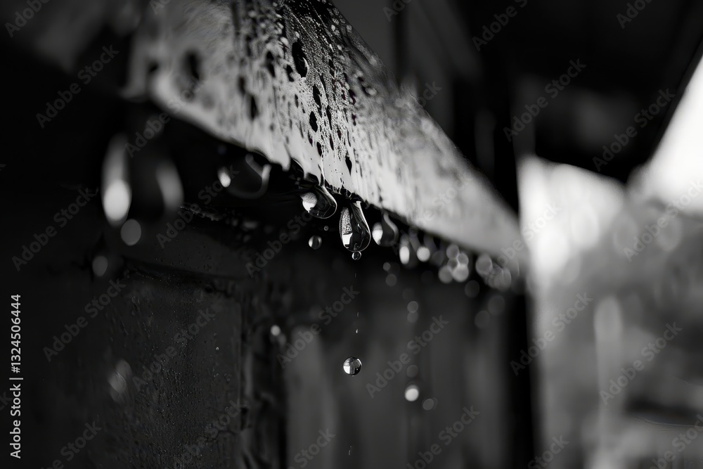 Poster Water droplets cascade down a surface illuminated by soft light, creating a captivating display of reflections and shadows during a nighttime setting