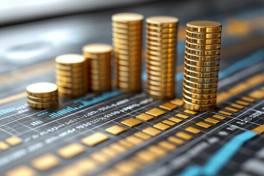 Financial Growth and Investment Success:  A visual representation of increasing wealth and investment returns shown through stacks of gold coins atop a financial chart.