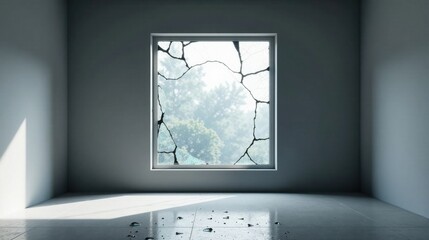 Shattered Window in an Empty Room Sunlit Debris and a View of Greenery