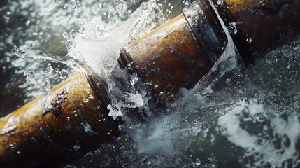Close-up View of a Damaged Household Water Pipe Leaking Under Pressure