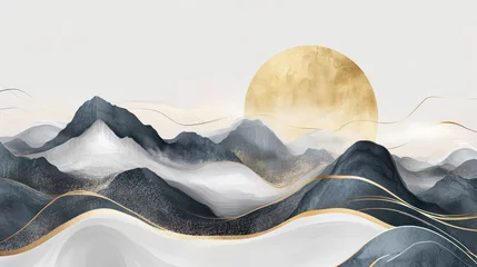 Fotobehang mountain and golden line arts background vector. Oriental Luxury landscape background design with watercolor brush and gold line texture. Wallpaper design, Wall art for home decor and prints. © Johannes