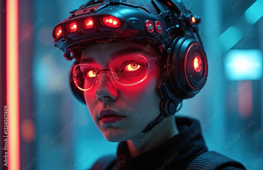 Poster teenager in futuristic environment wears neural interface headset glowing red. headgear suggests adv