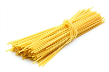 A bundle of uncooked spaghetti noodles tied together, ready for cooking, on a clean white background