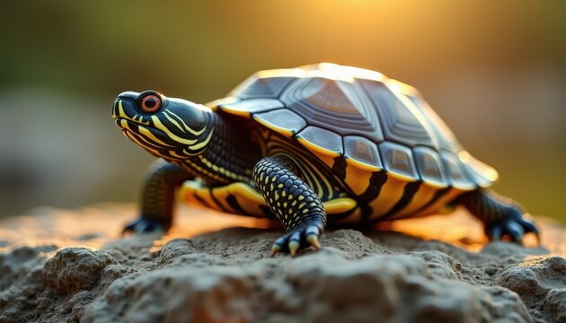 A turtle with striking yellow and black markings basks on a rock under warm sunlight, its shell and body textures highlighted, creating a vibrant and serene wildlife scene