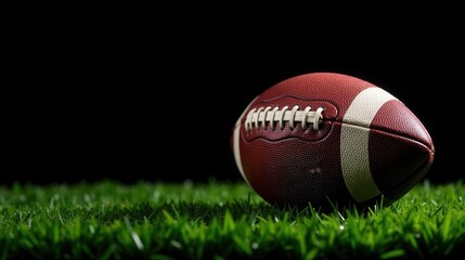 A Close-Up of an American Football Resting on Lush Green Grass Against a Dark Background