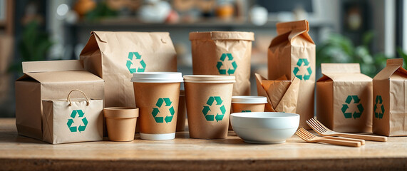 Assorted eco-friendly food packaging collection , Environmental conservation and carbon footprint reduction concept