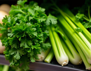 Vibrant green parsley mingles with fresh, crunchy celery at a supermarket counter, showcasing nature's bounty and enticing shoppers to choose nutritious ingredients for their meals Generative AI