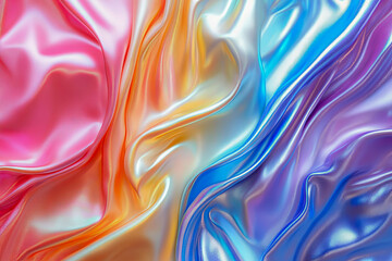 Fototapeta premium Holographic foil texture with vibrant iridescent colors blending pink, orange, blue, and purple. Abstract wavy patterns create a futuristic, fluid, and metallic aesthetic for digital backgrounds.
