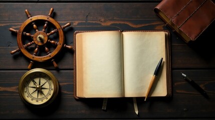A vintage ship's wheel, compass, and open antique book rest on a dark wooden surface, accompanied by writing instruments, suggesting a tale of exploration and discovery.