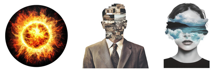 Set of surreal and abstract artistic portraits with creative elements, isolated on transparent background