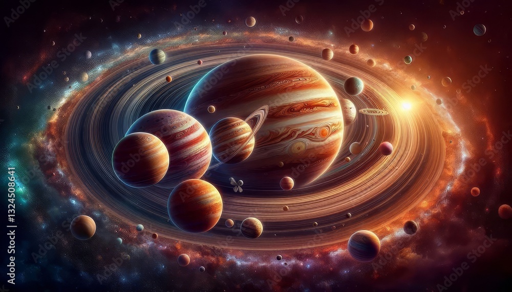 Poster the image depicts a cosmic scene featuring multiple planets, including jupiter, surrounded by rings 