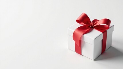 A pristine white gift box adorned with a vibrant red ribbon, a symbol of celebration and thoughtful giving