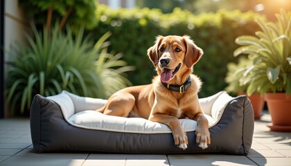 A dog rests on a cushioned pet bed outdoors, surrounded by vibrant green plants and potted foliage. The sunlight illuminates the scene, creating a serene and cozy atmosphere