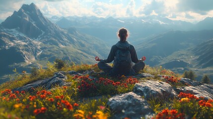 Fototapeta premium Person Meditating on Mountain Summit Overlooking Alpine Valley with Colorful Wildflowers, Majestic Peaks, and Clear Blue Sky for Outdoor Yoga, Mindfulness and Nature Connection