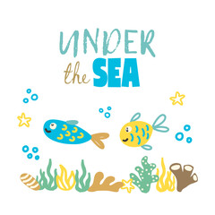 Underwater scene with cute fish coral bubbles and sea plants print vector illustration