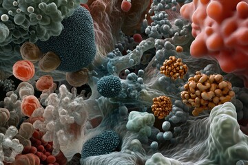 A highly detailed electron microscope view of human cells, showcasing their intricate membranes and organelles