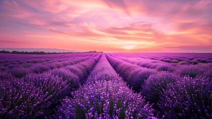 A magical field of lavender stretching endlessly under a pink and purple sunset
