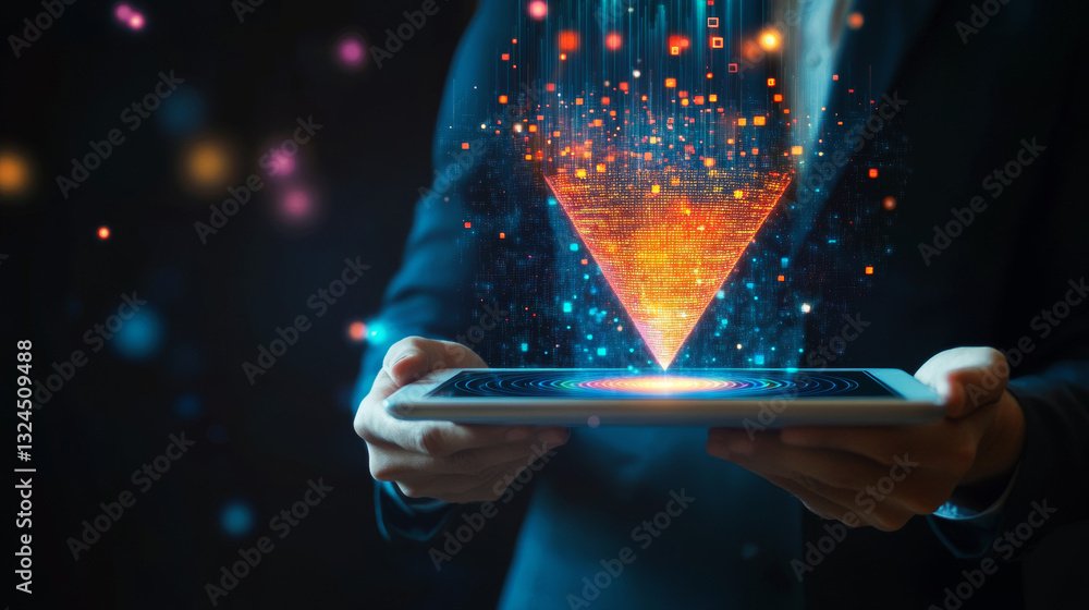 Poster abstract close-up businessman holding tablet device with funnel on empty screen. big data analitics 