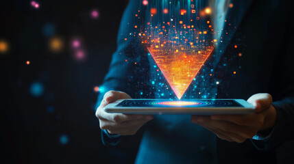 Abstract close-up businessman holding tablet device with funnel on empty screen. Big data analitics concept. Vector illustration in futuristic  low poly wireframe style on dark blue background.