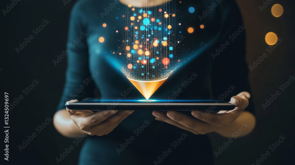 Poster abstract close-up businessman holding tablet device with funnel on empty screen. big data analitics 