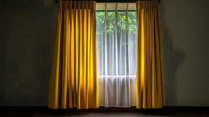 Golden Curtains Drape A Window Revealing A Green Foliage View And Decorative Wall Surface