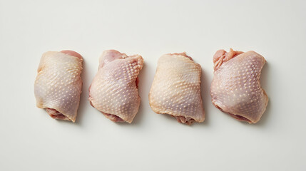 Four raw chicken thighs arranged in a row against a clean white background.  Ready for cooking!