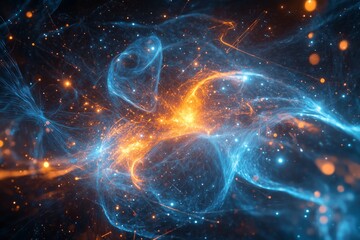 A surreal and hyper-realistic artistic representation of quantum physics, featuring streams of glowing particles, energy waves, and atomic orbits