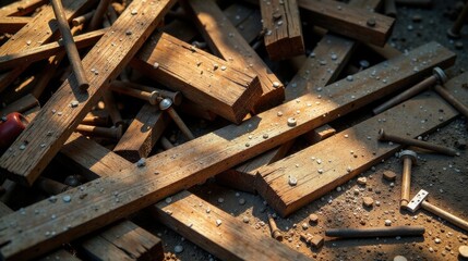 A chaotic arrangement of weathered wooden planks and scattered metallic fasteners rests on a dusty surface, bathed in sunlight.
