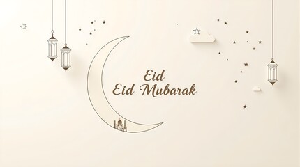 Eid Mubarak Line Art with Crescent Moon and Lanterns on Light Background