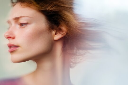 close-up of dancer face focused and emotional framed by motion blur set against soft background with copy space