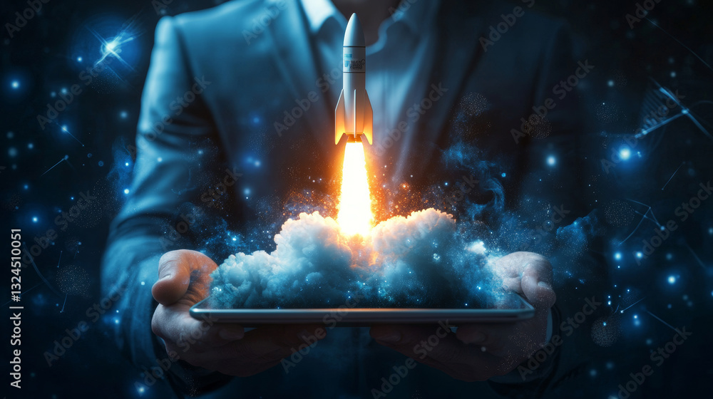 Poster an abstract businessman is holding a tablet with rocket launching a hologram. digital boosting or st