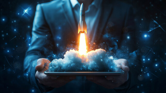 An abstract businessman is holding a tablet with Rocket launching a hologram. Digital Boosting or Start-Up Concept. Futuristic low poly user in technological blue. Vector 3D illustration. 
