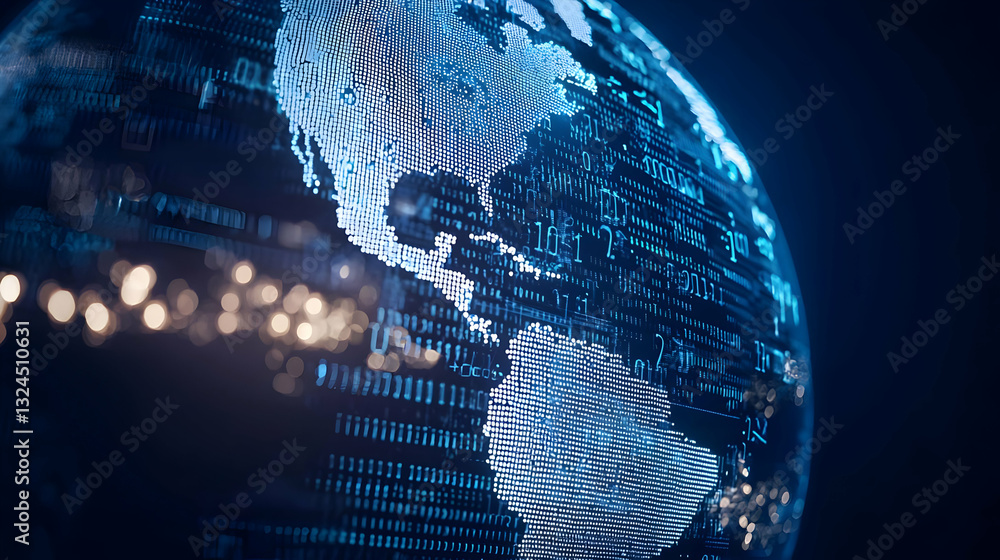 Poster digital globe with binary code and bokeh lights highlighting north and south america on dark blue ba