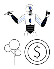 Humanoid robot holding a paintbrush, pointing upward, with abstract tree and currency coin. Ideal for innovation, artificial intelligence, creativity, sustainability, economy, technology progress