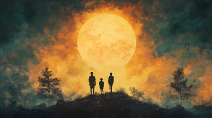 Fototapeta premium Silhouette of Family Standing Together Against Dramatic Sunset Landscape, Atmospheric Mountainous Horizon with Glowing Moon and Evergreen Trees Creating Emotional Outdoor Scene